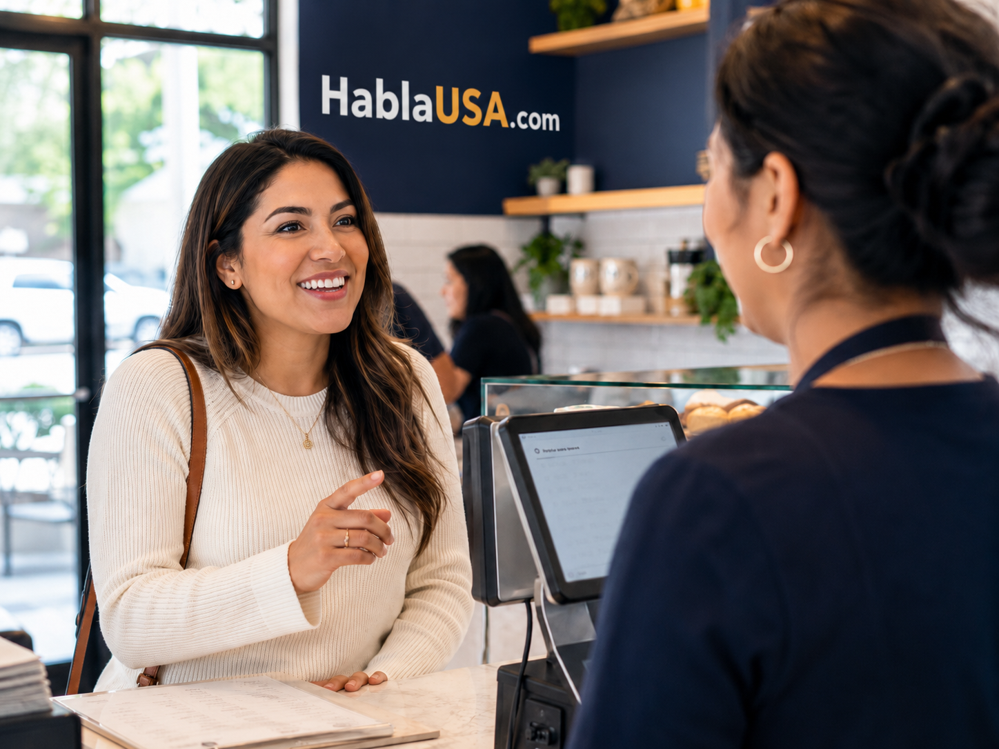 Mujer usando inglés en una situación cotidiana con branding HablaUSA.com
