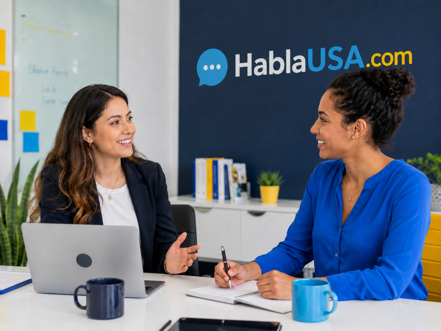 Mujeres usando inglés en una conversación de trabajo con branding HablaUSA.com